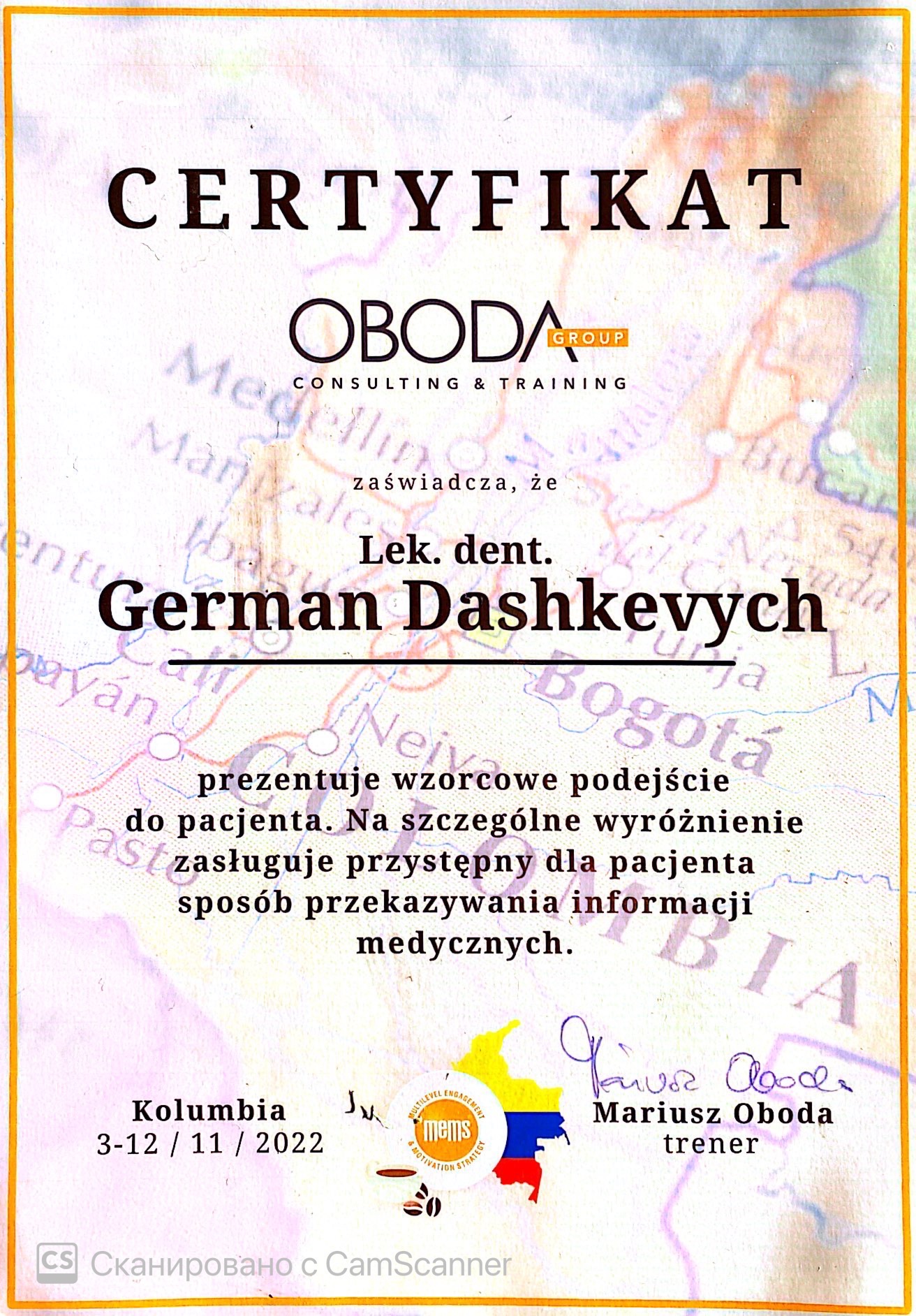 Certificate of Herman Dashkevych for participation in microchirurgical concept of dental surgery